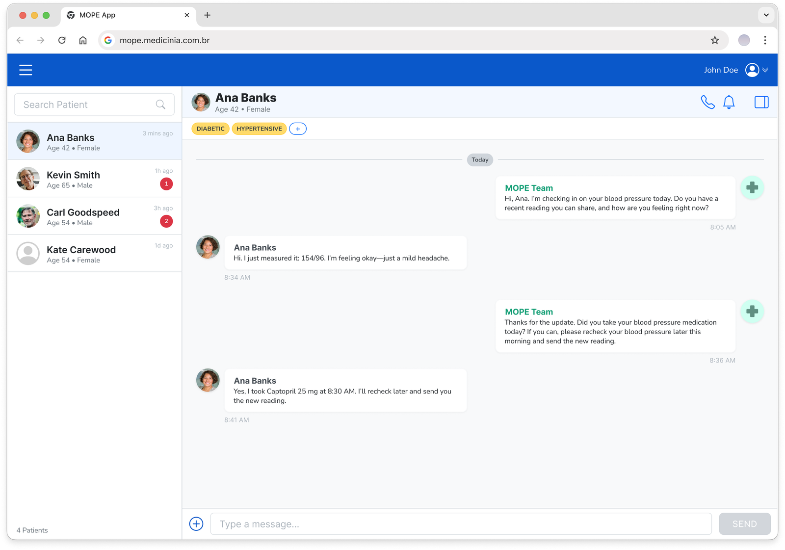 MOPE web app patient chat with a nurse conversation