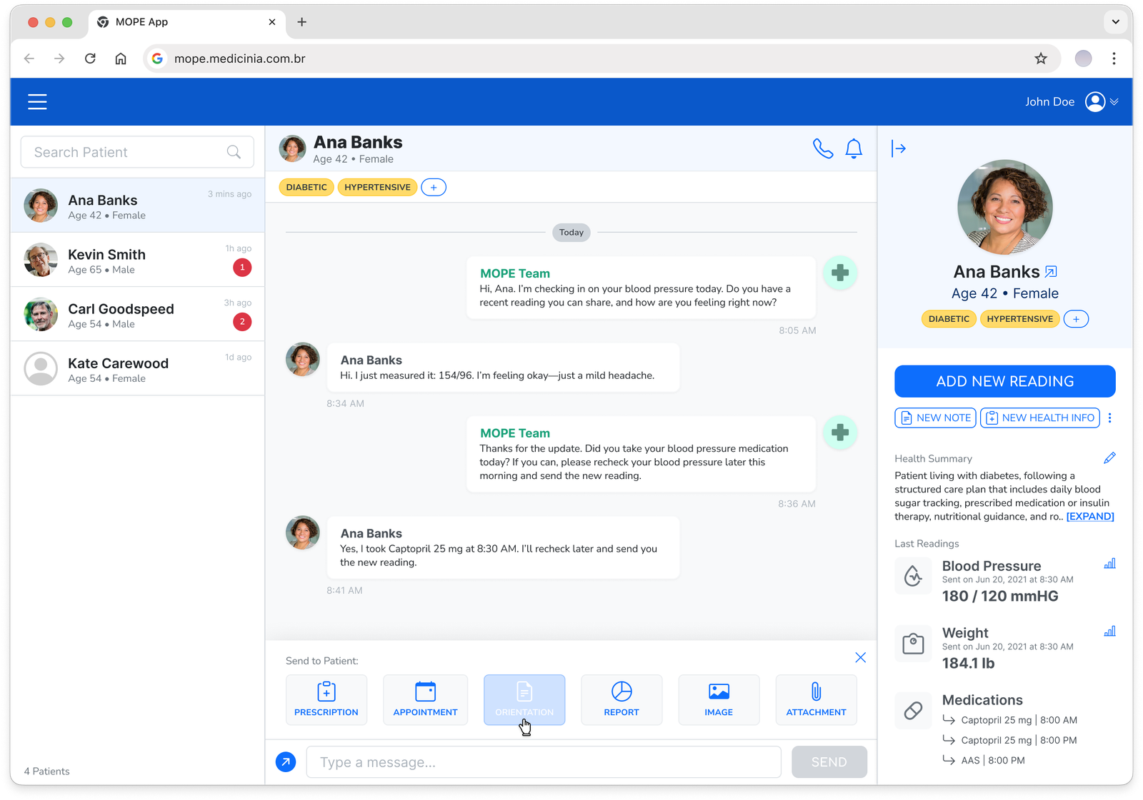 MOPE web app send-to-patient menu with prescriptions and attachments