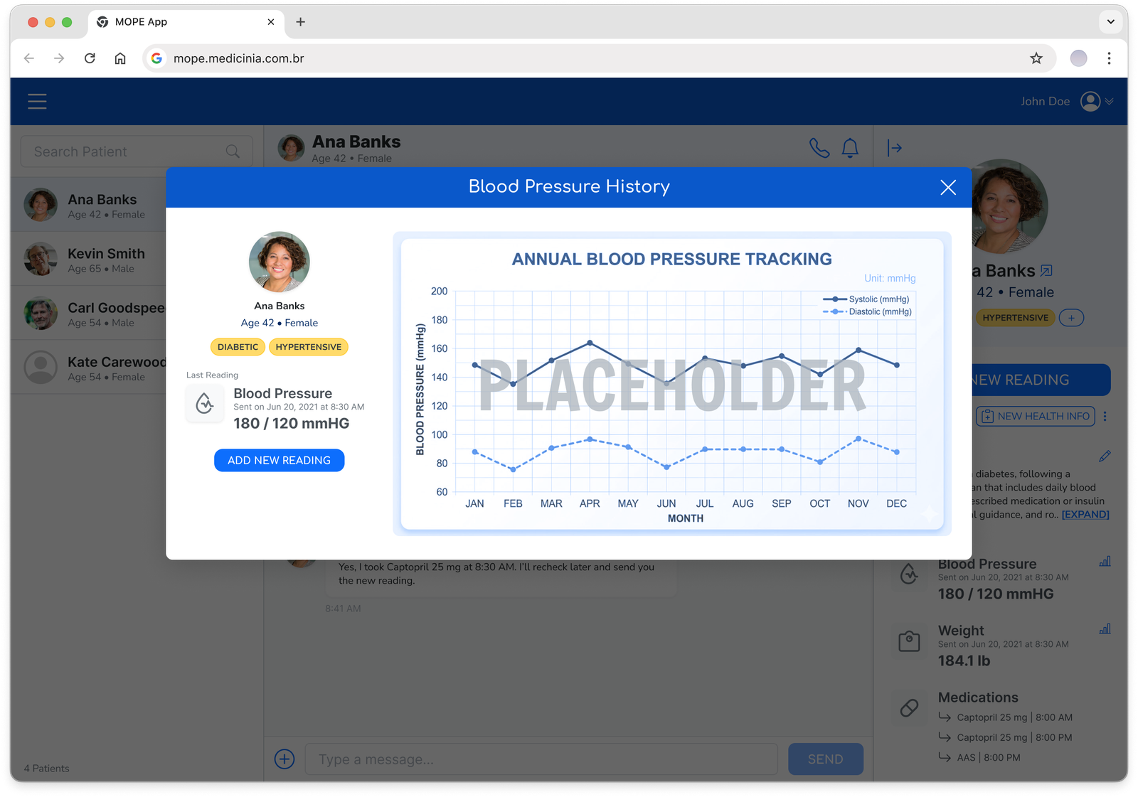MOPE web app annual blood pressure tracking modal