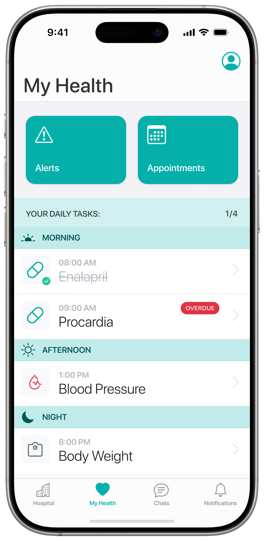 Patient app My Health home screen with daily tasks