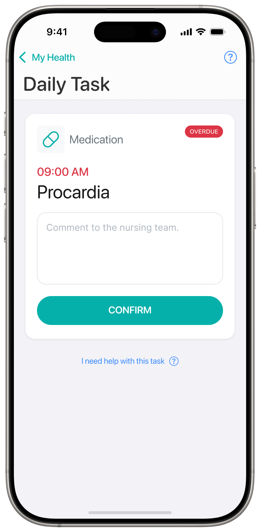 Patient app daily task screen confirming a medication