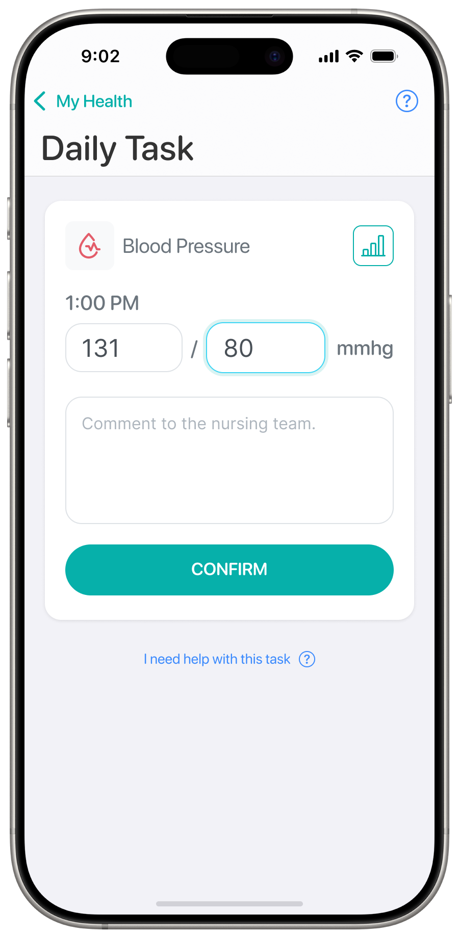 Patient app daily task screen logging a blood pressure reading
