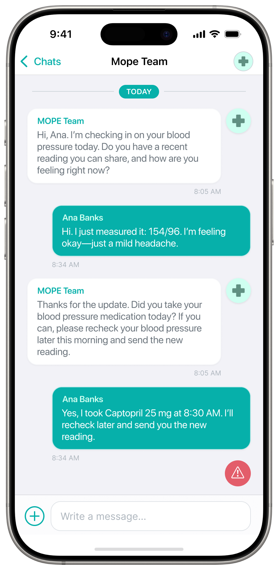 Patient app chat conversation with the MOPE nursing team